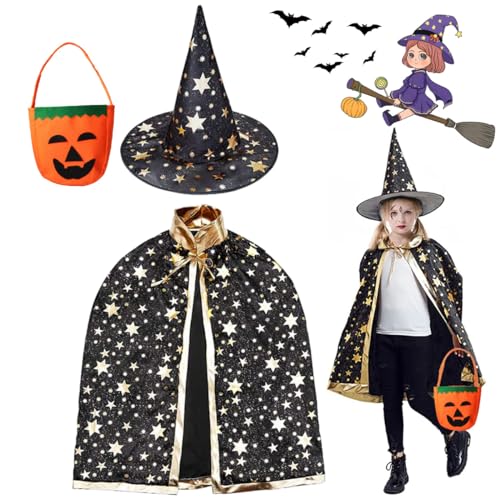 WELLXUNK Halloween Kostüm Kinder, Hexen Zauberer Umhang mit Hut, Wizard Cape Witch Umhang mit Kürbis Candy Bag, Zauberer Mantel Kinder für Kinder Cosplay Party, Halloween, Karneval von WELLXUNK