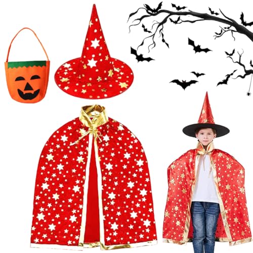 WELLXUNK Halloween Kostüm Kinder, Hexen Zauberer Umhang mit Hut, Wizard Cape Witch Umhang mit Kürbis Candy Bag, Zauberer Mantel Kinder für Kinder Cosplay Party, Halloween, Karneval von WELLXUNK