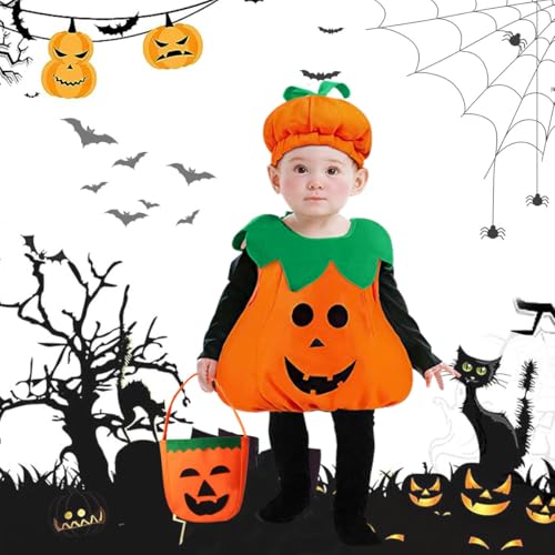 WELLXUNK Karneval Kürbis Kostüm Kinder, Kürbis-Kostüm Kinder für Karneval, Kinder Kürbis Kostüm mit Hut, Unisex KostümKürbis mit Pumpkin Candy Bag, Kürbisse Karnevalskostüm für Halloween, Karneval von WELLXUNK