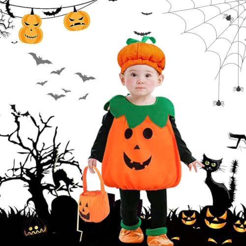 WELLXUNK Karneval Kürbis Kostüm Kinder, Kürbis-Kostüm Kinder für Karneval, Kinder Kürbis Kostüm mit Hut, Unisex KostümKürbis mit Pumpkin Candy Bag, Kürbisse Karnevalskostüm für Halloween, Karneval von WELLXUNK