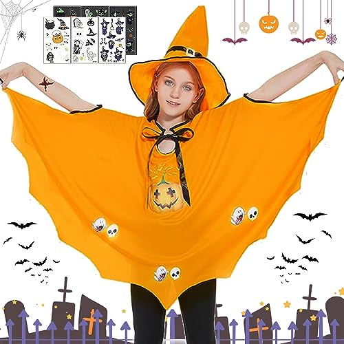 WELLXUNK Halloween Kürbis Kostüm für Kinder, Halloween Umhang für Kinder, Halloween Kürbis Kostüm mit Tattoo-Aufkleber und Hut, Halloween Kürbiskostüm für Jungen Mädchen Halloween Cosplay Party von WELLXUNK