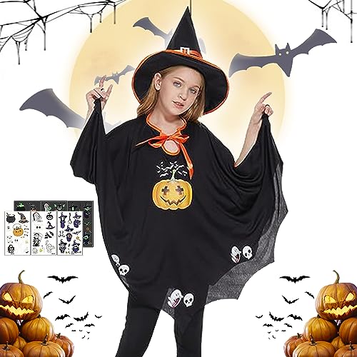 WELLXUNK Halloween Kürbis Kostüm für Kinder, Halloween Umhang für Kinder, Halloween Kürbis Kostüm mit Tattoo-Aufkleber und Hut, Halloween Kürbiskostüm für Jungen Mädchen Halloween Cosplay Party von WELLXUNK