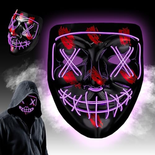 WELLXUNK Halloween LED Grusel Maske, LED Maske mit 3 Leuchtmodi, Neon Ma-ske, für Halloween, Fasching & Karneval (Lila) von WELLXUNK
