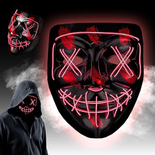 WELLXUNK Halloween LED Grusel Maske, LED Maske mit 3 Leuchtmodi, Neon Ma-ske, für Halloween, Fasching & Karneval (Rot) von WELLXUNK