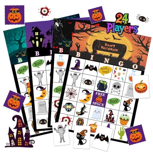 WELLXUNK Halloween Party Bingo Spiel Mitgebsel für 24 Kinder, Halloween Bingo Spielkarten, Party Kartenspiele, Bingo Karten Brettspiel für die Schule, Halloween Partyzubehör, Familienaktivität von WELLXUNK