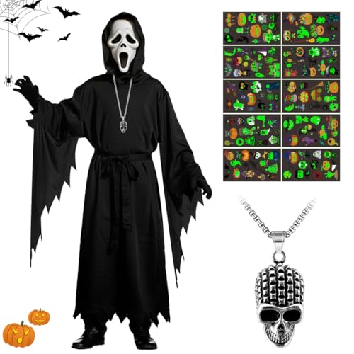 WELLXUNK Halloween Scream Kostüm Kinder, Gruselig Reaper Kostüm Kinder mit Ghost Maske, Umhang Sensenmann Kostüm, Halloween Kostüm Scary Movie Costume, Scream Cosplay 110-130/7-12 Jahre WELLXUNK Halloween Scream Kostüm Kinder, Gruselig Reaper Kostüm Kinder mit Ghost Maske, Umhang Sensenmann Kostüm, Halloween Kostüm Scary Movie Costume, Scream Cosplay 110-130/7-12 Jahre von WELLXUNK
