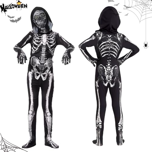 WELLXUNK Halloween Skeleton Costume Unisex Kinder, Skelett Kostüm mit Maske, Skelett Jumpsuit Kinder, Unisex Kinder 3D Jumpsuit Knochen für Halloween Party Karnevals Cosplay Faschings (L) von WELLXUNK