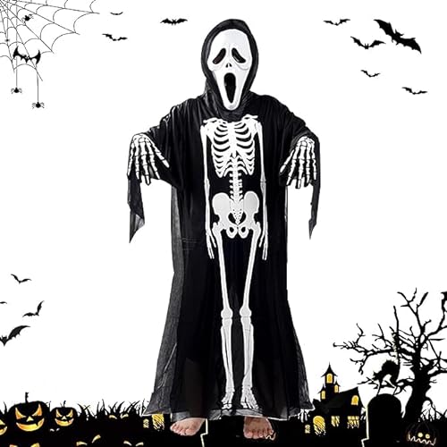 WELLXUNK Halloween Skelett Kostüm, Halloween Skeleton Costume, inkl Halloween Skelett Gesichtsmaske, Halloween Schädel Handschuhe und Skelett Robe, Halloween Skelett Overall, für Halloween Cosplay von WELLXUNK