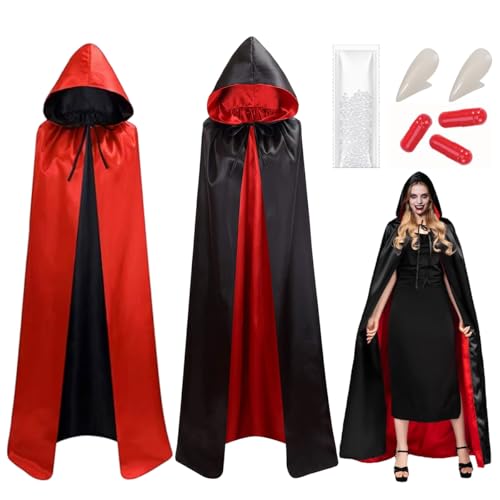 WELLXUNK Halloween Vampir Kostüm, Doppelt Satin Umhang mit Kapuze, Vampirzähne und Kunstblut, Doppelseitig Vampir Umhang Damen150 cm für Halloween Karneval Cosplay Vampirumhang von WELLXUNK