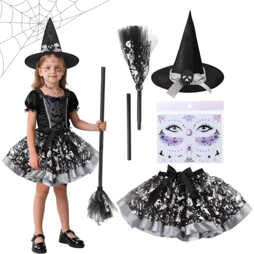 WELLXUNK Hexenkostüm Mädchen, Tütü Hexen Verkleidung Set mit Hexenhut Hexenbesen und Sticker Hexe, Tüllrock Kostüm, Mädchen Hexenkleid für Halloween Karneval Fasching Cosplay Party von WELLXUNK