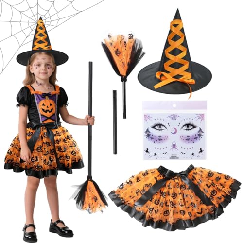 WELLXUNK Hexenkostüm Mädchen, Tütü Hexen Verkleidung Set mit Hexenhut Hexenbesen und Sticker Hexe, Tüllrock Kostüm, Mädchen Hexenkleid für Halloween Karneval Fasching Cosplay Party von WELLXUNK