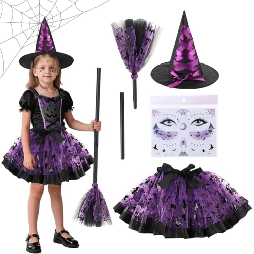 WELLXUNK Hexenkostüm Mädchen, Tütü Hexen Verkleidung Set mit Hexenhut Hexenbesen und Sticker Hexe, Tüllrock Kostüm, Mädchen Hexenkleid für Halloween Karneval Fasching Cosplay Party von WELLXUNK