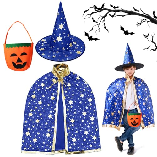 WELLXUNK Kinder Halloween Kostüm, Hexen Mantel, Zauberer Kostüm Kinder, Hexe Zauberer Umhang mit Hut, Kürbis Candy Bag, Kinder Wizard Cape Witch Mantel, Halloween Umhang Kinder für Karneval Cosplay von WELLXUNK