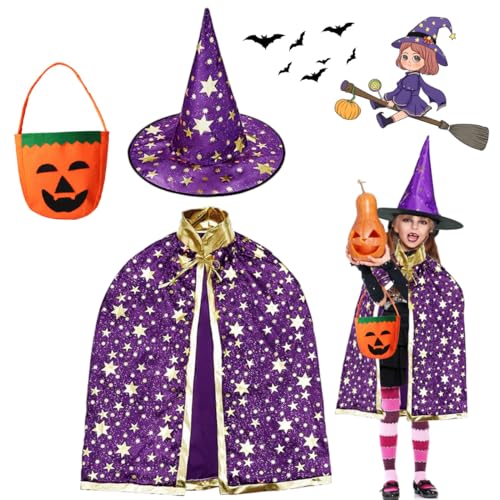 WELLXUNK Kinder Halloween Kostüm - Hexen Mantel, Zauberer Umhang Mit Hut, Kürbis Candy Bag - Wizard Cape Witch Mantel für Karneval Cosplay WELLXUNK Kinder Halloween Kostüm - Hexen Mantel, Zauberer Umhang Mit Hut, Kürbis Candy Bag - Wizard Cape Witch Mantel für Karneval Cosplay von WELLXUNK