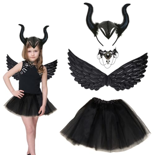 WELLXUNK Königin Hörner Kostüm, 4 Stück Teufel Kostüm Kinder mit Spitze Halskette Hörner Kopfschmuck Flügel, Halloween Teufel Kostüm Kinder, Mädchen Teufel Cosplay für Halloween Karneval Fasching WELLXUNK Königin Hörner Kostüm, 4 Stück Teufel Kostüm Kinder mit Spitze Halskette Hörner Kopfschmuck Flügel, Halloween Teufel Kostüm Kinder, Mädchen Teufel Cosplay für Halloween Karneval Fasching von WELLXUNK