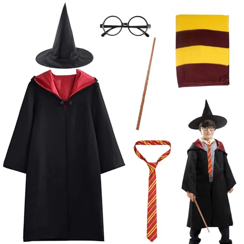 WELLXUNK Magier Robe, Gry-ffindor Uniform, Halloween Zauberer Kostüm, Zauberroben für Kinder, inklusive Umhang Brille Zauberhut Schal Krawatte Zauberstab, für Karneval Halloween Cosplay von WELLXUNK