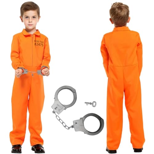 WELLXUNK Sträfling Kostüm Kinder, Orange Prisoner Jumpsuit mit Handschellen, Häftling Kostüm für Jungen und Mädchen, Gefängniskostüm Uniform für Karneval, Cosplay, Halloween, Mottoparty von WELLXUNK