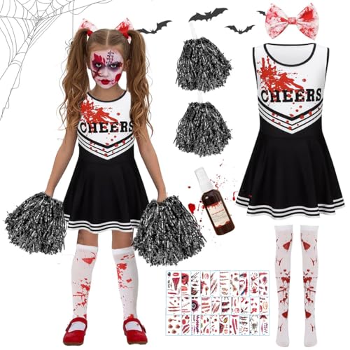 Zombie Kostüm Kinder Mädchen, Zombie Cheerleader Kostüm Mädchen, Totes Cheerleader kostüm für mädchen mit Strümpfen Kunstblut und Bluttattoo Aufkleber für Halloween Dress Up Fasching Party kostüms von WELLXUNK