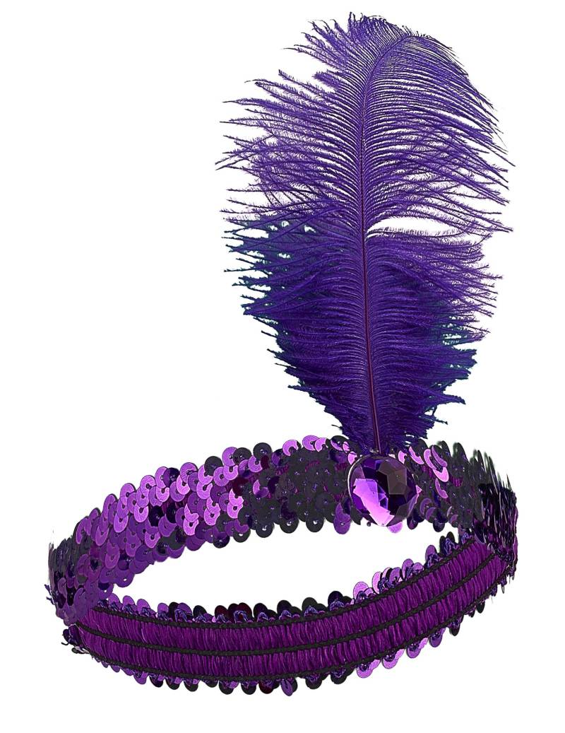 20er Jahre Pailletten-Haarband mit Feder lila von KARNEVAL-MEGASTORE
