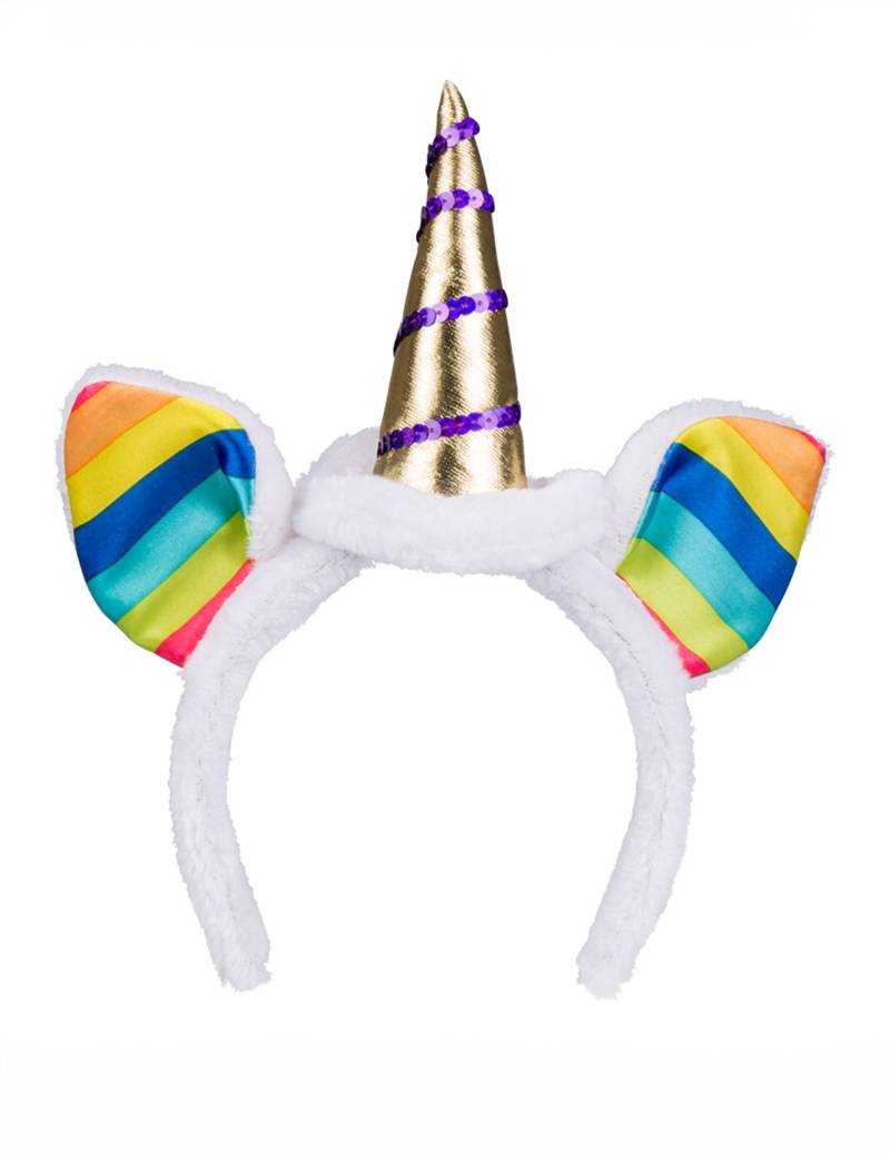Einhorn Haarreif mit Ohren und Horn weiss-bunt von KARNEVAL-MEGASTORE