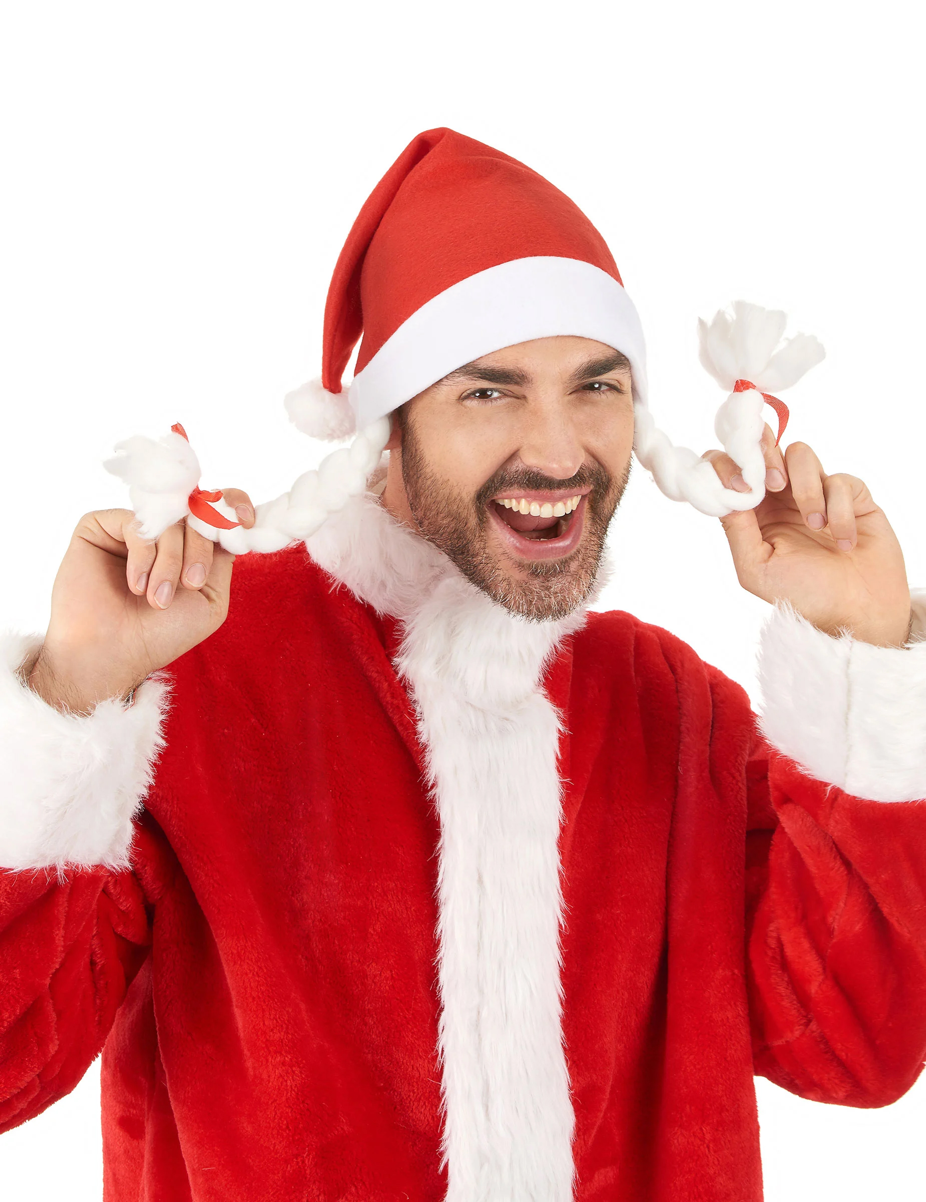 Weihnachtsfrau Mütze mit Zöpfen rot-weiss von KARNEVAL-MEGASTORE