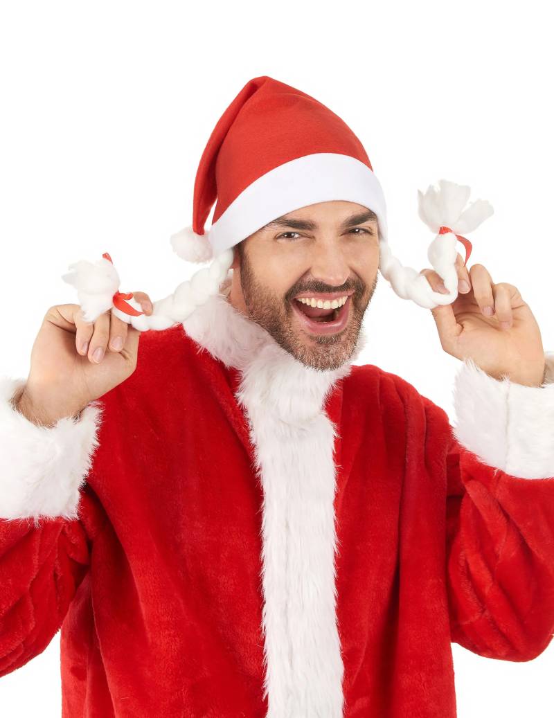 Weihnachtsfrau Mütze mit Zöpfen rot-weiss von KARNEVAL-MEGASTORE