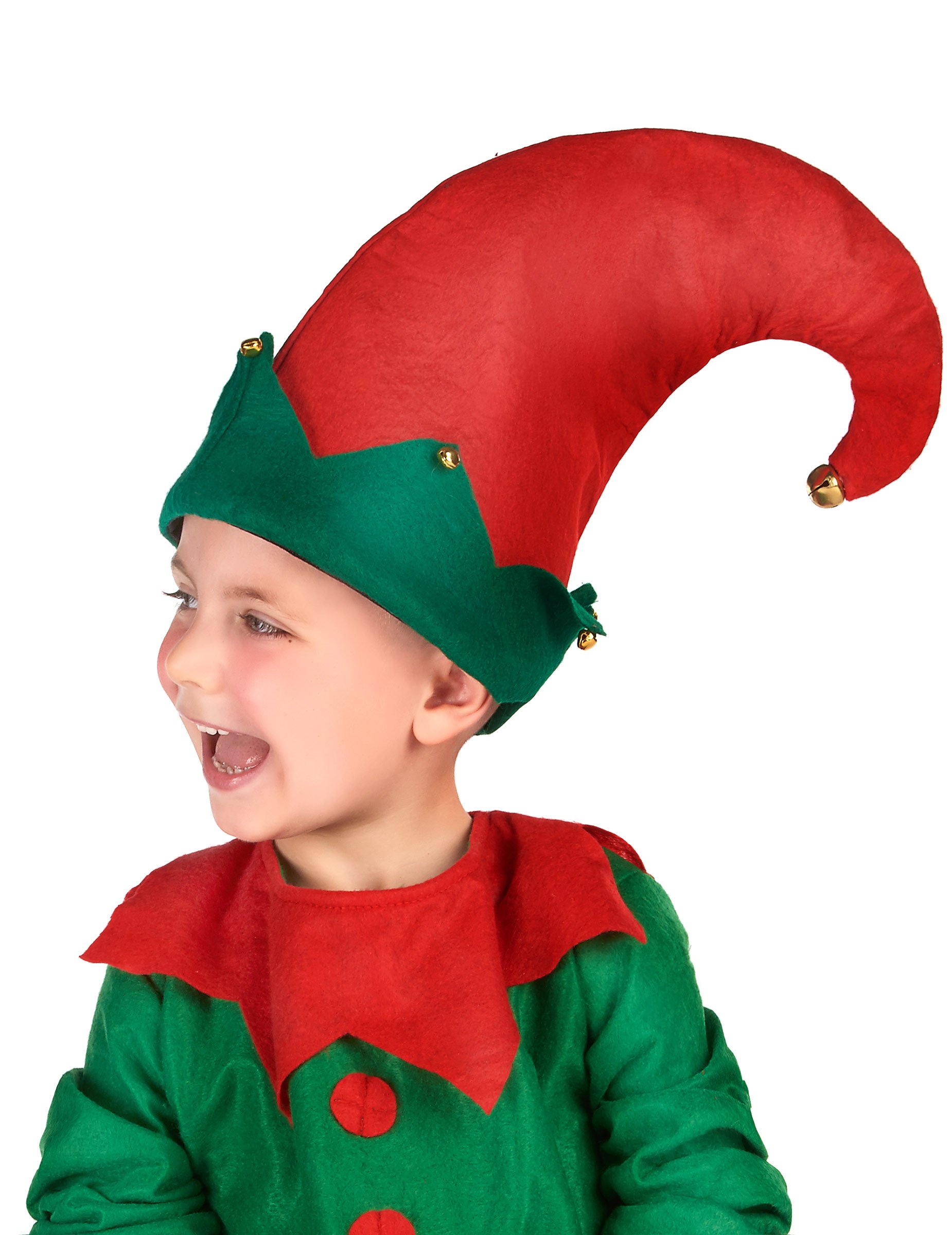 Wichtel-Hut mit Glocken für Kinder Weihnachts-Accessoire rot-grün von KARNEVAL-MEGASTORE