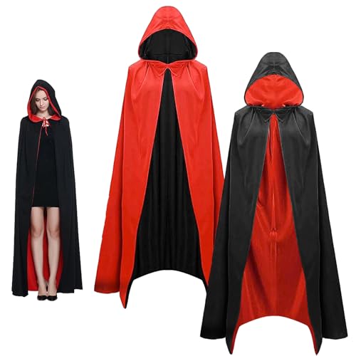 WENAUANG Vampir Umhang, Umhang Mit Kapuze, Samt Cape, Sensenmann KostüM, Mittelalter Umhang, Perfekt FüR Halloween, Karneval Und Partys Maskerade, Erwachsener(Schwarz Rot Doppelseitig) von WENAUANG
