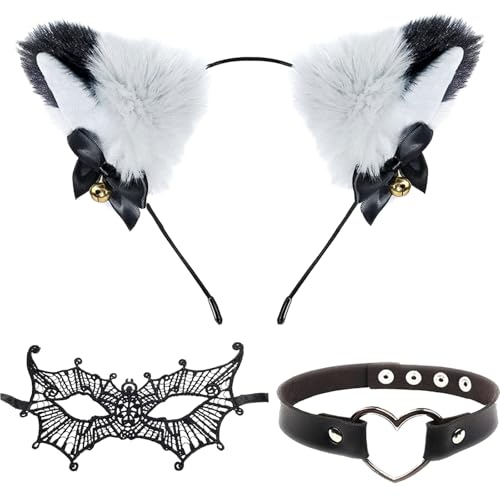 WENAUANG 3 Stück Katzenohren Haarreif, Cat Ears Stirnband Glöckchen mit Halsband in Katzenform Spitze Fuchsmaske, Katzeohren Anime Katze Cosplay für Karneval Halloween Maskenball Damen(Weiß) von WENAUANG