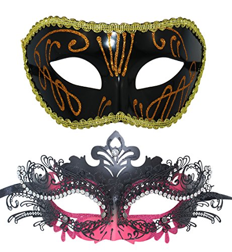 WENFEN Maskerade-Maske for Frauen, venezianische hübsche Party-Abend-Abschlussball-Maske, Maskerade-Maske aus Metall, Strass (Size : Black+black gold) von WENFEN