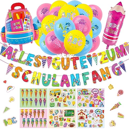 Einschulung Schuleinführung Schulanfang Deko Set für Jungen Mädchen,Girlande Alles Gute Zum Schulanfang Schultüte +Einschulung Luftballon + Folienballon+Einschulung Konfetti (A) von WENXIN