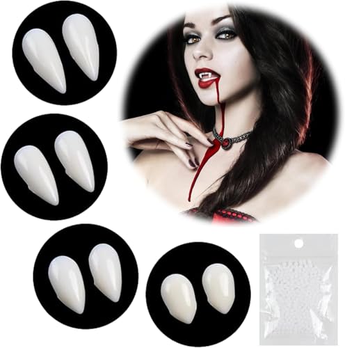 Vampirzähne, 4 Paar Vampir Fangzähne Set mit Zahn Pellets Kleber, Falsche Cosplay-Zähne für Halloween Kostüm Requisiten, Partygeschenke, Fangzähne von WEQNGIU