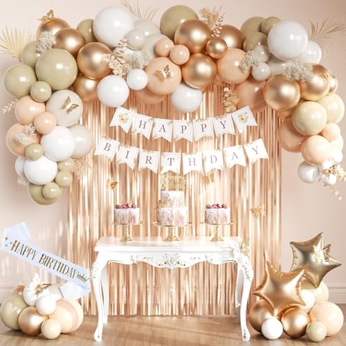 Geburtstagsdeko Beige Champagner Gold, Deko Geburtstag Retro Beige und Champagner Gold Set, Happy Birthday Banner, Luftballons, Schärpe, Vorhang für Frauen Mädchen Geburtstag Deko Geburtstagsdeko Beige Champagner Gold, Deko Geburtstag Retro Beige und Champagner Gold Set, Happy Birthday Banner, Luftballons, Schärpe, Vorhang für Frauen Mädchen Geburtstag Deko von WEQTWL