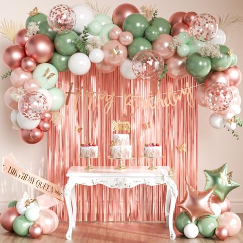 Geburtstagsdeko Grün Rosegold, Deko Geburtstag Grün und Rosagold Set, Happy Birthday Banner, Luftballons, Schärpe, Vorhang für Frauen Mädchen Geburtstag Deko Geburtstagsdeko Grün Rosegold, Deko Geburtstag Grün und Rosagold Set, Happy Birthday Banner, Luftballons, Schärpe, Vorhang für Frauen Mädchen Geburtstag Deko von WEQTWL