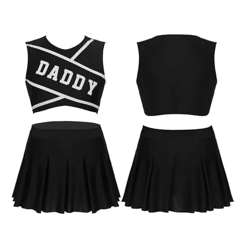 WEQYFDC 2-teiliges Cheerleading-Uniformen-Set for Damen, Schule, Mädchen, bedrucktes Cheerleader-Kostüm, ärmelloses Crop-Top mit Mini-Faltenrock(Black,L) von WEQYFDC