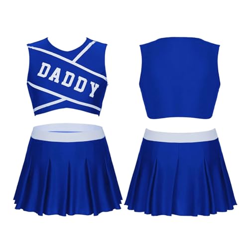 WEQYFDC 2-teiliges Cheerleading-Uniformen-Set for Damen, Schule, Mädchen, bedrucktes Cheerleader-Kostüm, ärmelloses Crop-Top mit Mini-Faltenrock(Deep Blue,L) von WEQYFDC