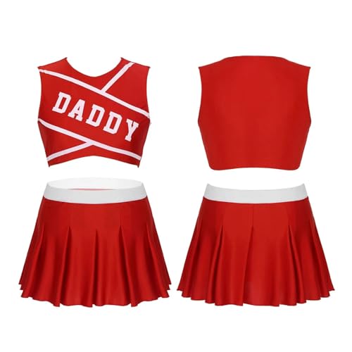 WEQYFDC 2-teiliges Cheerleading-Uniformen-Set for Damen, Schule, Mädchen, bedrucktes Cheerleader-Kostüm, ärmelloses Crop-Top mit Mini-Faltenrock(Red,XXL) von WEQYFDC