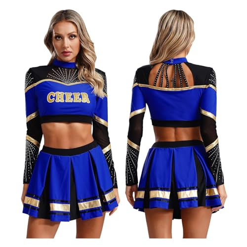 WEQYFDC 2-teiliges Damen-Cheerleading-Uniform-Set for Basketball, Schule, Party, Tanz, Langarm, Pailletten, Crop-Top mit Faltenrock(Blue,XL) von WEQYFDC