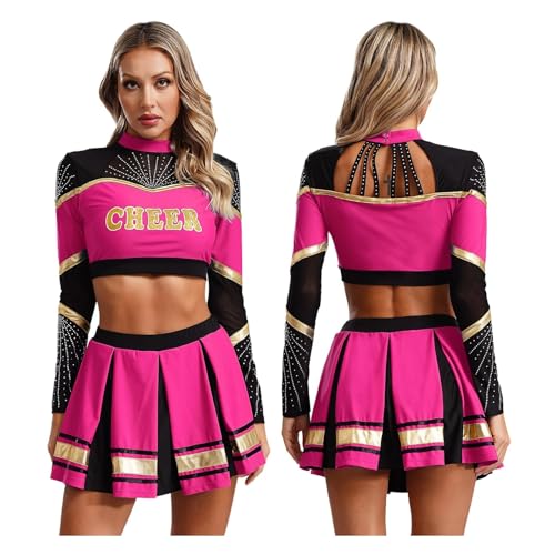 WEQYFDC 2-teiliges Damen-Cheerleading-Uniform-Set for Basketball, Schule, Party, Tanz, Langarm, Pailletten, Crop-Top mit Faltenrock(Pink,M) von WEQYFDC