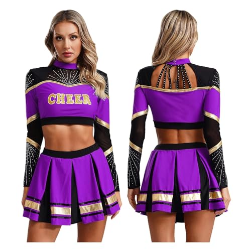 WEQYFDC 2-teiliges Damen-Cheerleading-Uniform-Set for Basketball, Schule, Party, Tanz, Langarm, Pailletten, Crop-Top mit Faltenrock(Purple,XXL) von WEQYFDC