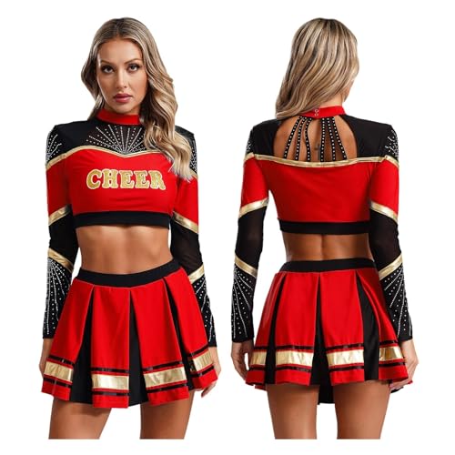 WEQYFDC 2-teiliges Damen-Cheerleading-Uniform-Set for Basketball, Schule, Party, Tanz, Langarm, Pailletten, Crop-Top mit Faltenrock(Red,L) von WEQYFDC