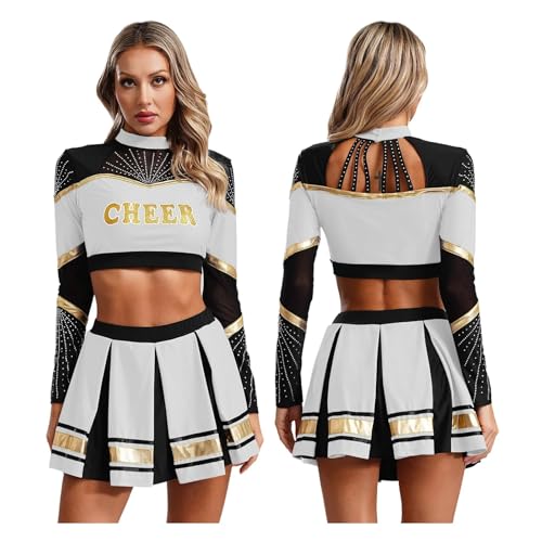 WEQYFDC 2-teiliges Damen-Cheerleading-Uniform-Set for Basketball, Schule, Party, Tanz, Langarm, Pailletten, Crop-Top mit Faltenrock(White,XXL) von WEQYFDC