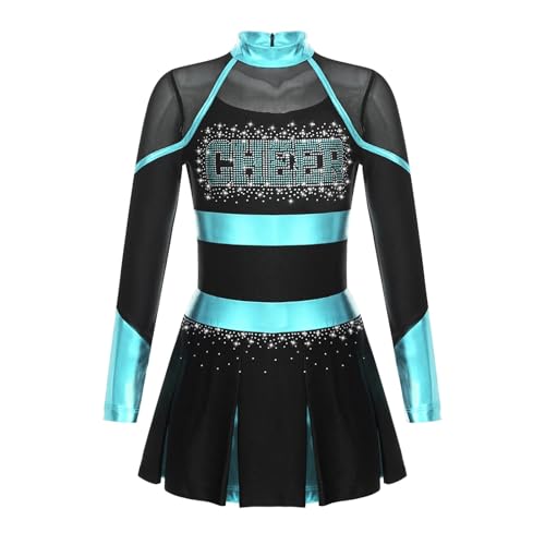WEQYFDC Cheer Dance Kostüm Teenager Glitzernde Cheerleading Uniformen Kinder Metallic Patchwork Langarm Cheerlead Kleid(Black Blue Green,10) von WEQYFDC