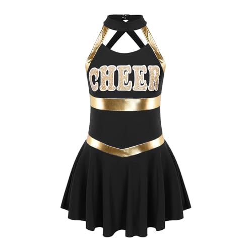 WEQYFDC Cheerleader-Kostüm, Tanzbekleidung, ärmellos, Briefdruck, hohler Rücken, Tanz, Cheerleading-Uniform, Gruppenkleidung(Black,16) von WEQYFDC