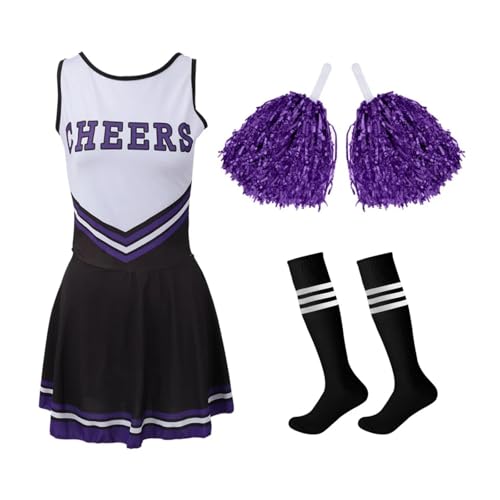 WEQYFDC Cheerleader Kostüm High School Wettbewerb Brief Drucken Tanz Uniform Pompoms Socke Cosplay Party Kleid Karneval Halloween(BLACK PURPLE,XL) von WEQYFDC