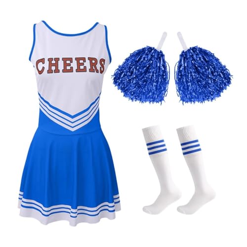 WEQYFDC Cheerleader Kostüm High School Wettbewerb Brief Drucken Tanz Uniform Pompoms Socke Cosplay Party Kleid Karneval Halloween(BLUE,S) von WEQYFDC