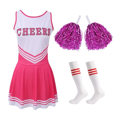 WEQYFDC Cheerleader Kostüm High School Wettbewerb Brief Drucken Tanz Uniform Pompoms Socke Cosplay Party Kleid Karneval Halloween(PINK,M) von WEQYFDC
