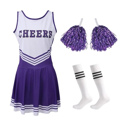 WEQYFDC Cheerleader Kostüm High School Wettbewerb Brief Drucken Tanz Uniform Pompoms Socke Cosplay Party Kleid Karneval Halloween(PURPLE,BLUE) von WEQYFDC