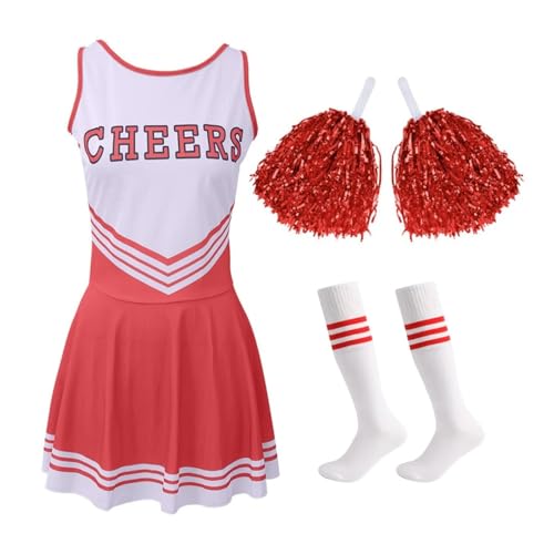 WEQYFDC Cheerleader Kostüm High School Wettbewerb Brief Drucken Tanz Uniform Pompoms Socke Cosplay Party Kleid Karneval Halloween(Red,S) von WEQYFDC