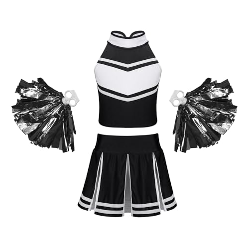 WEQYFDC Cheerleader-Kostüm for Kinder, Mädchen, ärmellos, Tops mit Reißverschluss, Faltenrock, Quaste, Blumenball-Set for Cheerleader-Uniformen(Black,6) von WEQYFDC